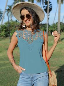 SHEIN Clasi Áo khoác và áo lót dành cho xe tăng nữ Nút Tương phản ren màu trơn Giải trí - Màu xanh Cadet - Xem 3