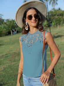 SHEIN Clasi Áo khoác và áo lót dành cho xe tăng nữ Nút Tương phản ren màu trơn Giải trí - Màu xanh Cadet - Xem 4