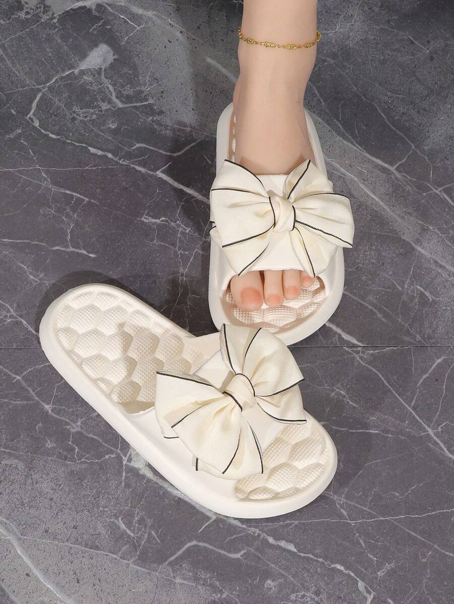 Women Bow Decor Single Band Slides, Preppy Plastic Outdoor Slides,Beach Outfits,Slippers Women - White - View 1