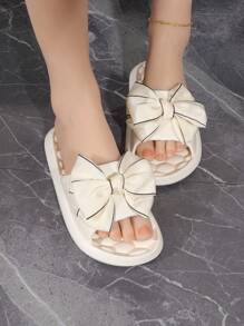 Women Bow Decor Single Band Slides, Preppy Plastic Outdoor Slides,Beach Outfits,Slippers Women - White - View 2