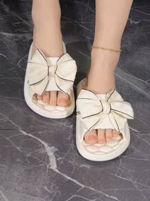 Women Bow Decor Single Band Slides, Preppy Plastic Outdoor Slides,Beach Outfits,Slippers Women - White - View 5