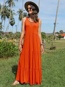 SHEIN LUNE Solid Ruffle Hem Smock Dress - Orange - View 4