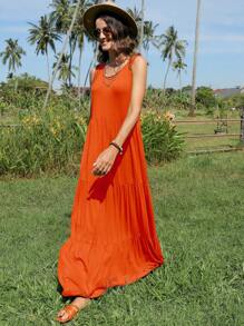 SHEIN LUNE Solid Ruffle Hem Smock Dress - Orange - View 5