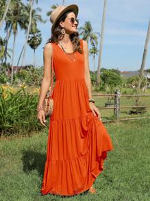 SHEIN LUNE Solid Ruffle Hem Smock Dress - Orange - View 6