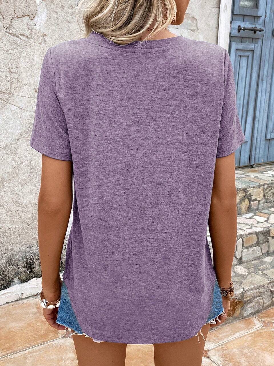 Women's Solid Color V-Neck Short Sleeve T-Shirt, Summer Everyday Daytime Deep Purple Casual Basic