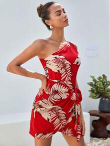 SHEIN VCAY 熱帶圖案單肩側打結洋裝 - 彩色 - 查看 4