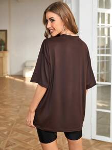 INAWLY Camiseta oversize de caída de hombros sólida, unisex - Café integral - Ver 2