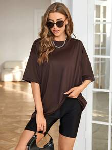 INAWLY Camiseta oversize de caída de hombros sólida, unisex - Café integral - Ver 4