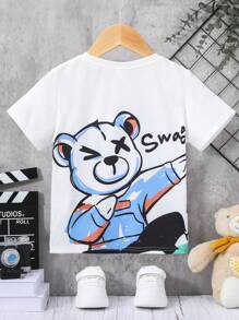 SHEIN 男童可愛舒適萬能卡通小熊圖案短袖上衣 - 白色 - 查看 1