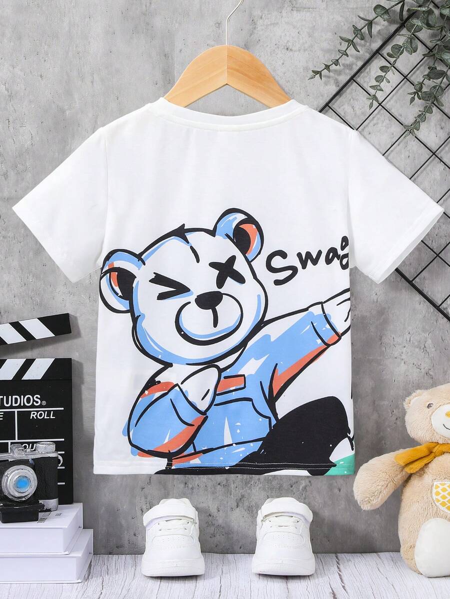 SHEIN 男童可愛舒適萬能卡通小熊圖案短袖上衣 - 白色 - 查看 1