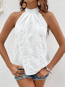 SHEIN VCAY Eyelet Embroidery Tie Back Halter Neck Blouse - White - View 3
