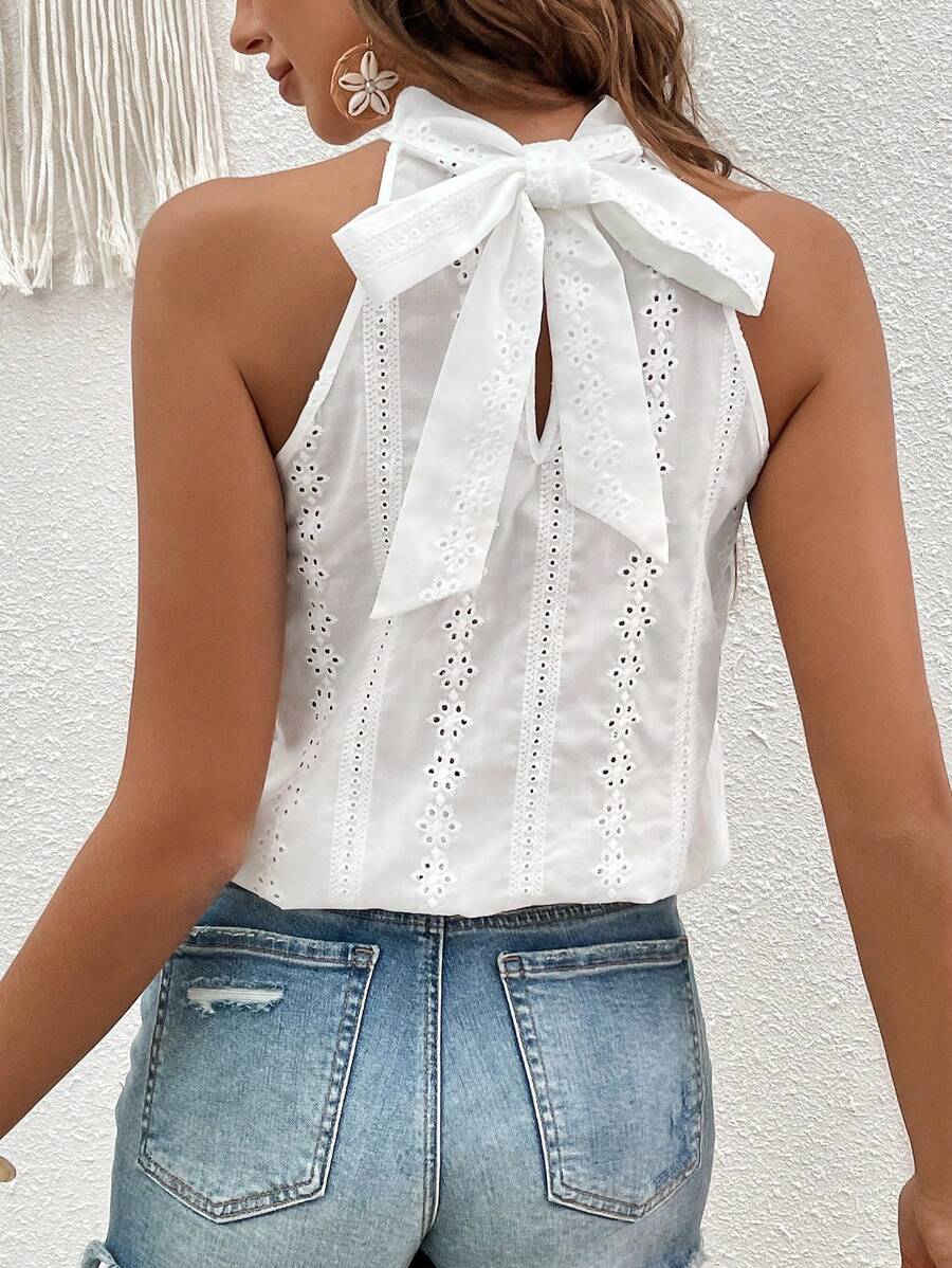 SHEIN VCAY Eyelet Embroidery Tie Back Halter Neck Blouse - White - View 1