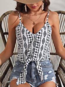 SHEIN VCAY Áo khoác và áo lót dành cho xe tăng nữ Thắt nút Nút phía trước Bộ lạc Boho - Đen và trắng - Xem 1