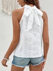 SHEIN VCAY Eyelet Embroidery Tie Back Halter Neck Blouse - White - View 5
