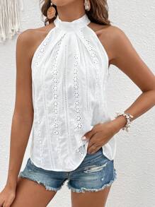 SHEIN VCAY Eyelet Embroidery Tie Back Halter Neck Blouse - White - View 2