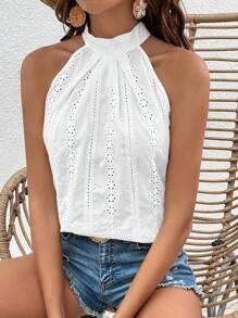 SHEIN VCAY Eyelet Embroidery Tie Back Halter Neck Blouse - White - View 7