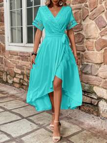 SHEIN VCAY Đầm Tương phản ren Thắt nút Trọn gói màu trơn Giải trí - Màu xanh bạc hà - Xem 3