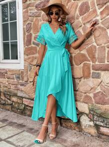 SHEIN VCAY Đầm Tương phản ren Thắt nút Trọn gói màu trơn Giải trí - Màu xanh bạc hà - Xem 4