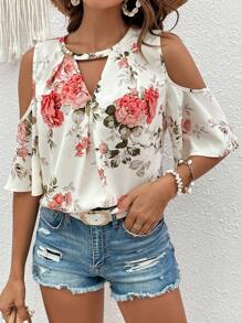 SHEIN VCAY 印花挖肩襯衫 - 米色 - 查看 3