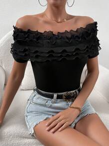 SHEIN Privé 一字肩荷葉邊T恤 - 黑色 - 查看 1