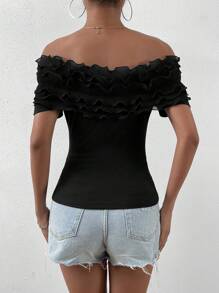 SHEIN Privé 一字肩荷葉邊T恤 - 黑色 - 查看 2