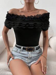 SHEIN Privé 一字肩荷葉邊T恤 - 黑色 - 查看 3