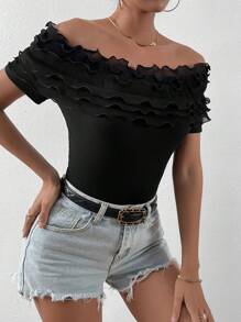 SHEIN Privé 一字肩荷葉邊T恤 - 黑色 - 查看 4