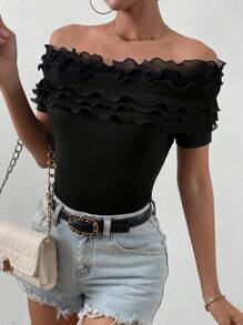 SHEIN Privé 一字肩荷葉邊T恤 - 黑色 - 查看 6