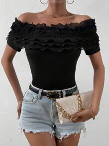 SHEIN Privé 一字肩荷葉邊T恤 - 黑色 - 查看 7