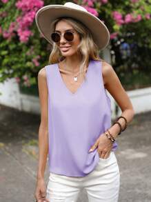 SHEIN LUNE Camisa sin manga unicolor de cuello V - Lila Púrpura - Ver 5