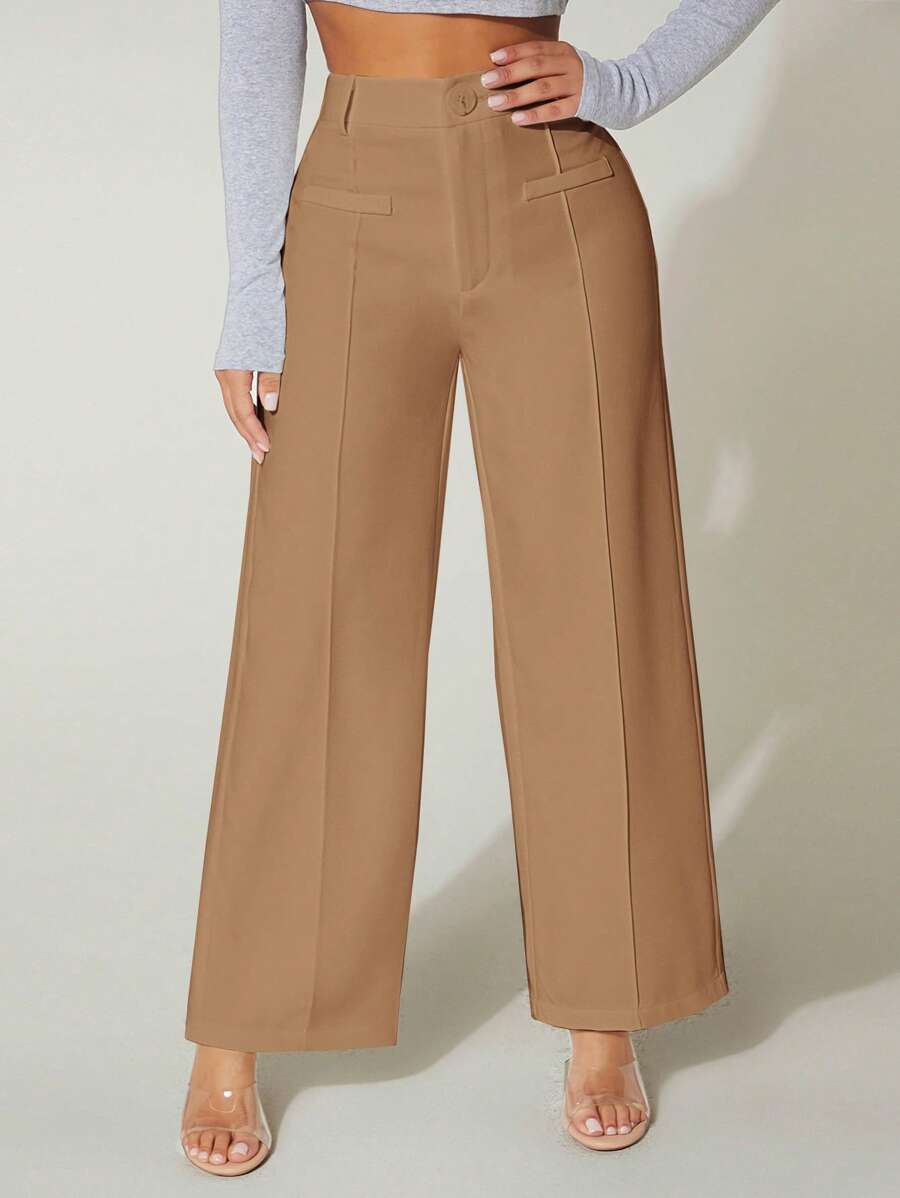 SHEIN PETITE 高腰闊腿褲 - 駝色 - 查看 1