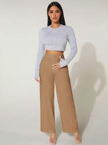 SHEIN PETITE 高腰闊腿褲 - 駝色 - 查看 5