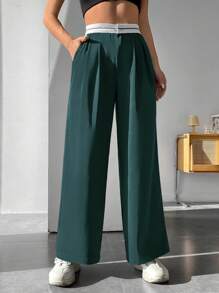 SHEIN PETITE 褶皺斜口袋長褲 - 墨綠色 - 查看 1