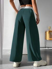 SHEIN PETITE 褶皺斜口袋長褲 - 墨綠色 - 查看 2