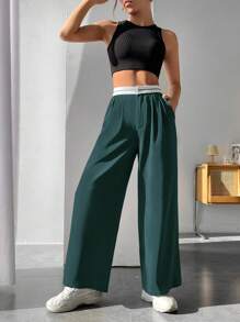 SHEIN PETITE 褶皺斜口袋長褲 - 墨綠色 - 查看 3