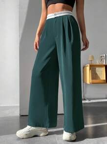 SHEIN PETITE 褶皺斜口袋長褲 - 墨綠色 - 查看 4