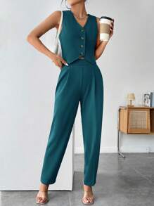 SHEIN PETITE Solid Button Front Vest Jacket & Pants - Teal Blue - View 1