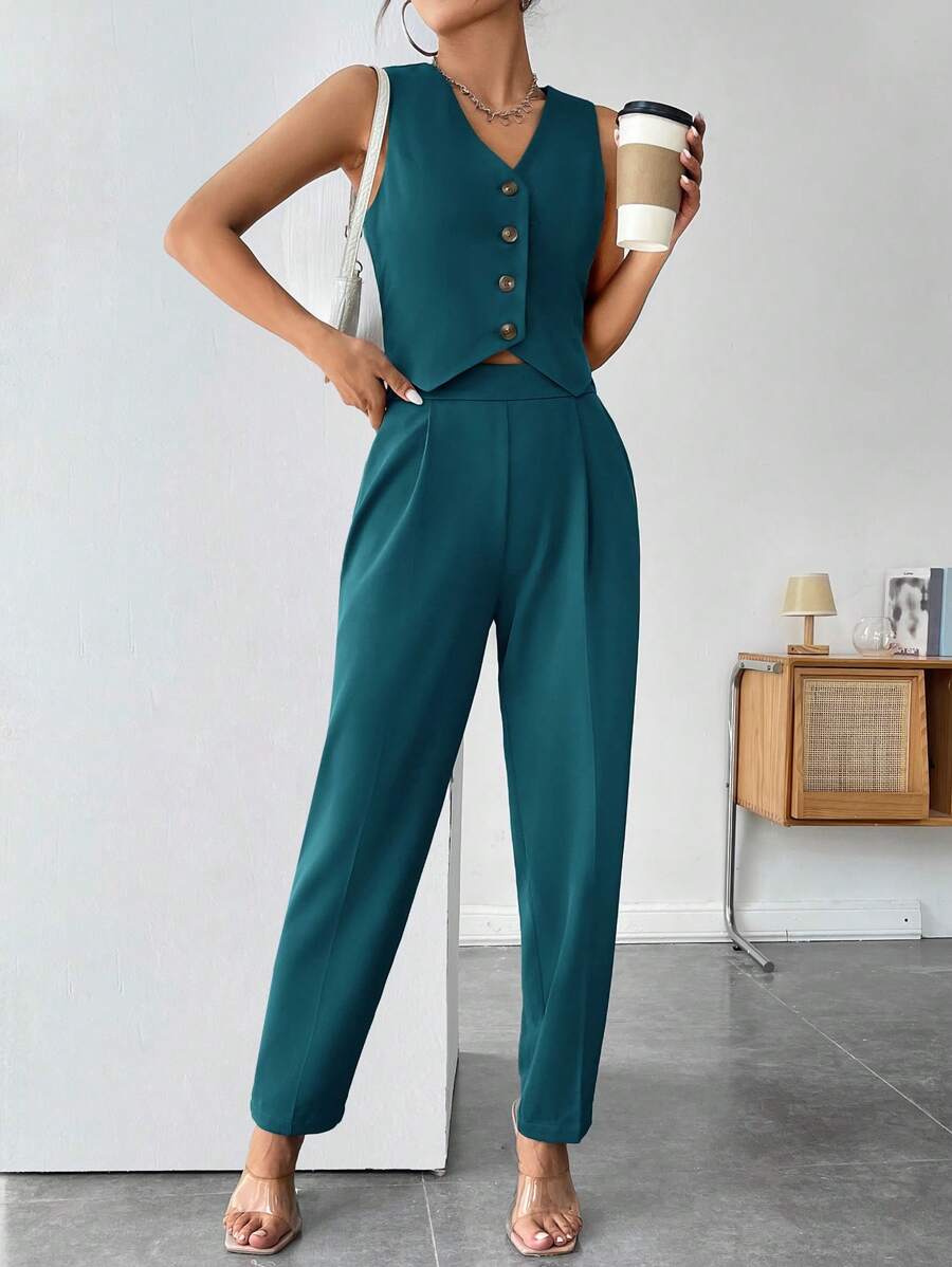 SHEIN PETITE Solid Button Front Vest Jacket & Pants - Teal Blue - View 1