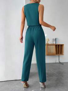 SHEIN PETITE Solid Button Front Vest Jacket & Pants - Teal Blue - View 2