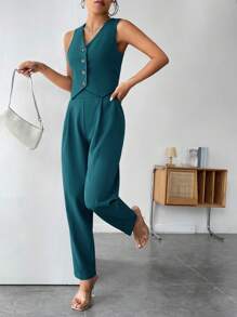 SHEIN PETITE Solid Button Front Vest Jacket & Pants - Teal Blue - View 3