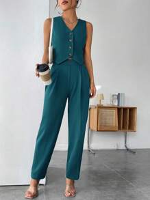 SHEIN PETITE Solid Button Front Vest Jacket & Pants - Teal Blue - View 4