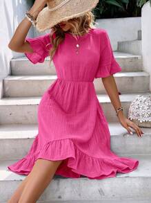 SHEIN LUNE 1 pieza Vestido de manga con volante bajo con fruncido sin cinturón - Rosa Fucsia - Ver 1