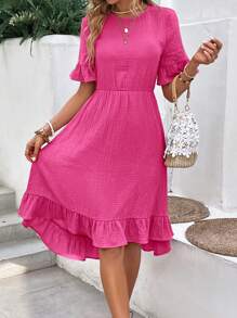 SHEIN LUNE 1 pieza Vestido de manga con volante bajo con fruncido sin cinturón - Rosa Fucsia - Ver 4