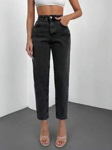 RueChic Jeans de ajuste mom de talle alto - Gris Oscuro - Ver 1