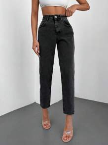 RueChic Jeans de ajuste mom de talle alto - Gris Oscuro - Ver 4