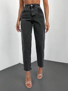 RueChic Jeans de ajuste mom de talle alto - Gris Oscuro - Ver 6