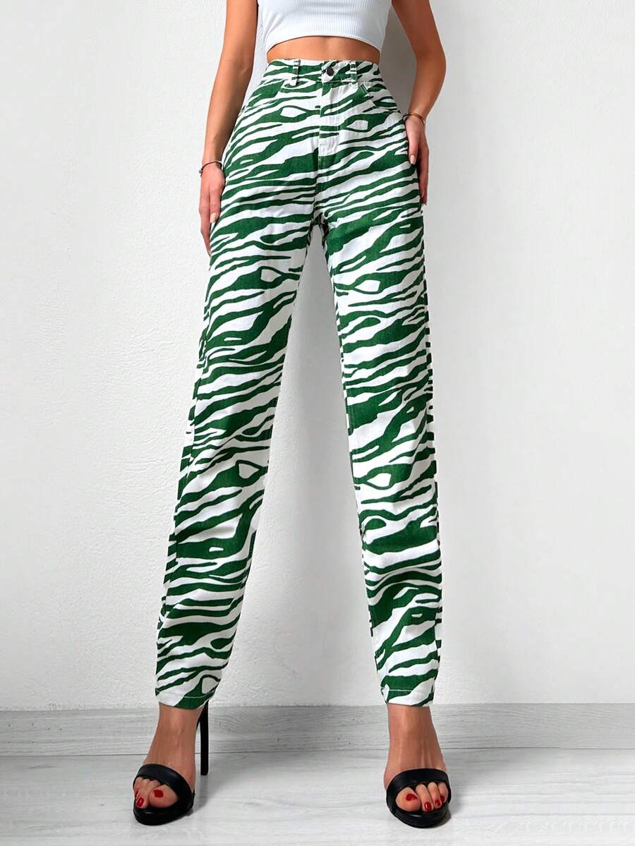 EURMUSE Zebra Striped Print Straight Leg Jeans - Multicolor - View 1