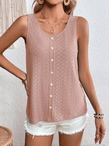 SHEIN LUNE Summer T Shirts Women's Button Front Round Neck Tank Top - Dusty Pink - View 5