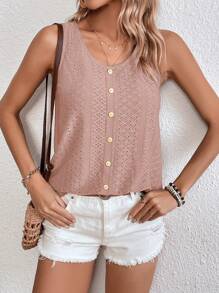 SHEIN LUNE Summer T Shirts Women's Button Front Round Neck Tank Top - Dusty Pink - View 6