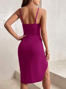 SHEIN PETITE 素色側收褶圍裹下擺吊帶連衣裙 - 中紫紅色 - 查看 2